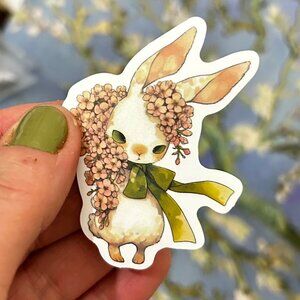 3 for $3 ~ Cute Bunny Rabbit Wearing a Scarf and Holding some Flowers Sticker